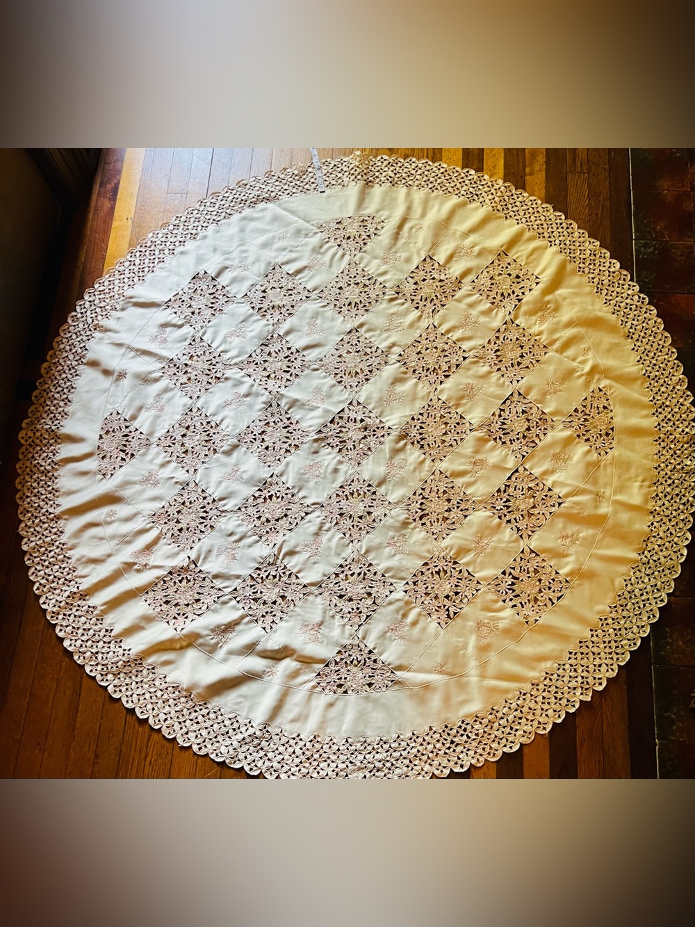Round 65” Richelieu Cutwork embroidery Satin Tablecloth in Cream